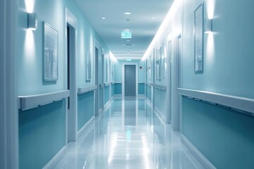sleek medical clinic poster mockup, crisp a4 sheet glowing, soft blur of a luxurious corridor, muted teal and white tones, exuding professional calm.