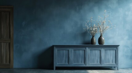 Blue Cabinet With Dried Flowers Against A Teal Wall