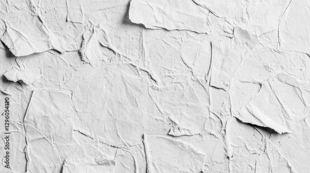 Poster crumbled white paper layers overlap, showcasing a variety of textures and patterns