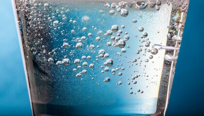 Macro sparkling water: bubbles rising, delicate texture. Refreshing drink, clean, crisp