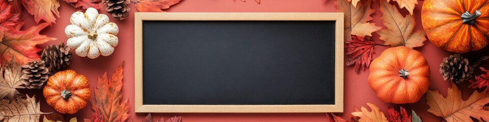 Autumn still life with pumpkins, fall leaves, and a blank chalkboard.