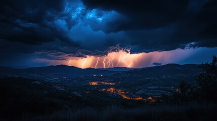 Fototapeta premium Lightning Strikes Hills. Dark Sky. Stormy Weather. Night Landscape. Orange Light. Electric Storm. Nature Power. Mountain View. Weather Event. Rain Clouds.