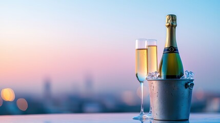 A bottle of champagne chilling in a silver ice bucket next to two crystal glasses on a rooftop terrace with a panoramic city view, embodying luxury and celebration.