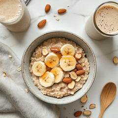 Bowl of oatmeal with banana and almonds nutritious pre-workout meal, featuring a bowl of oatmeal with bananas, almonds, and honey, alongside a protein smoothie 
