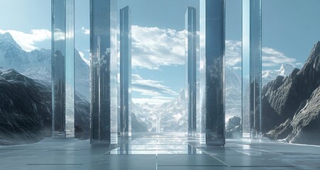 A massive glass cylinder standing before majestic mountains, accompanied by a ground platform, blending modern architecture with nature. The scene symbolizes innovation, harmony, and futuristic design