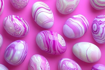 Obraz premium Pink and purple marbled Easter eggs on pink background.