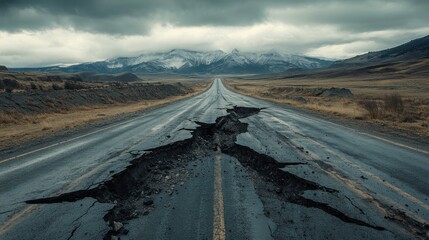 Cracked Road. Broken Asphalt. Mountains in Distance. Dark Sky. Road Damage. Earthquake Fault. Natural Disaster. Geological Event. Landscape View. Highway Problems.