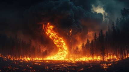 Fire tornado rages through forest. Massive wildfire burning with flames. Dark smoke cloud above trees in wild fire. Dangerous blaze destroying nature.