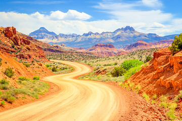Winding dirt road in a red rock desert with mountains and a blue sky, Utah. Summer vacation background