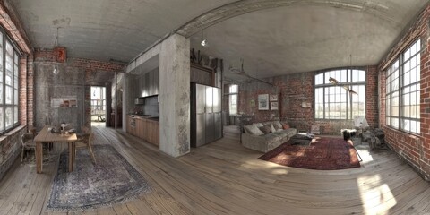 Obraz premium Industrial Loft Apartment Design Featuring Exposed Brick
