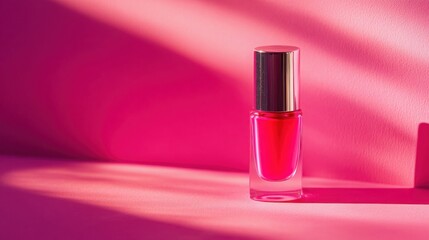 Vibrant Red Nail Polish Bottle Mockup on Bright Pink Background with Dramatic Geometric Shadows