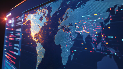 digital banner featuring world map with economic data visualizations, showcasing vibrant colors and intricate details. map highlights global connections and trends