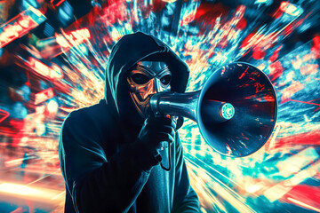 Mysterious masked figure in a hoodie holding a megaphone with neon cyberpunk background, symbolizing protest, activism, and digital rebellion