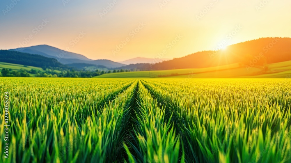 Poster peaceful field captured with a stunning sunset in the background creating a serene and majestic natu