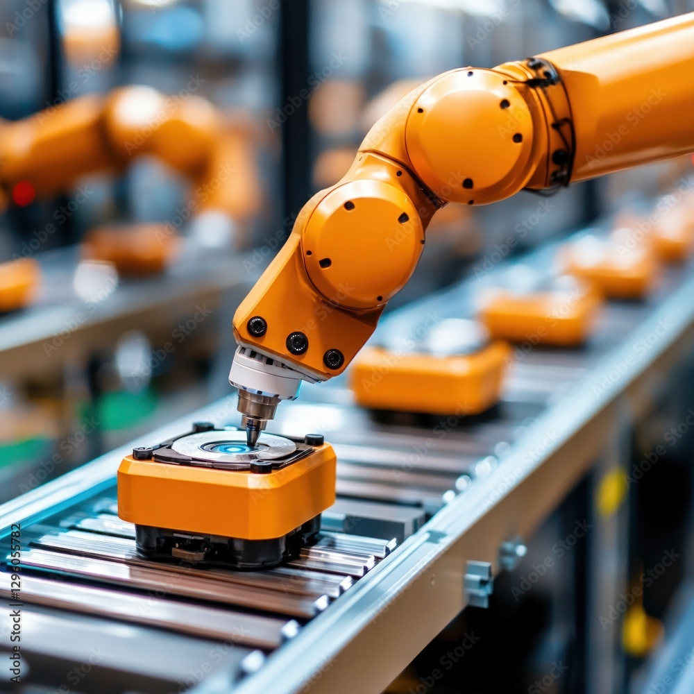 Poster A robotic arm skillfully working on a conveyor belt system demonstrating advanced automation in a modern factory