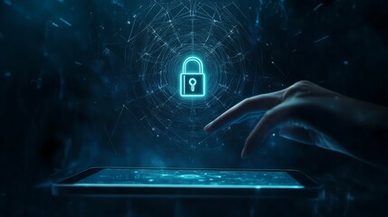 man pushing a button on a touch screen interface with a lock sign as concept of online security