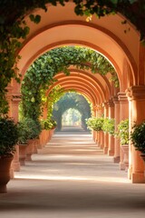 Fototapeta premium Serene arched pathway, lush greenery, sunlight filtering through.