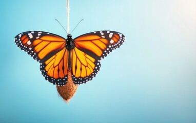 Obraz premium A Monarch Butterfly Emerging from its Chrysalis Hanging on a String Against a Light Blue Background Transformation Rebirth Nature Wildlife Insect