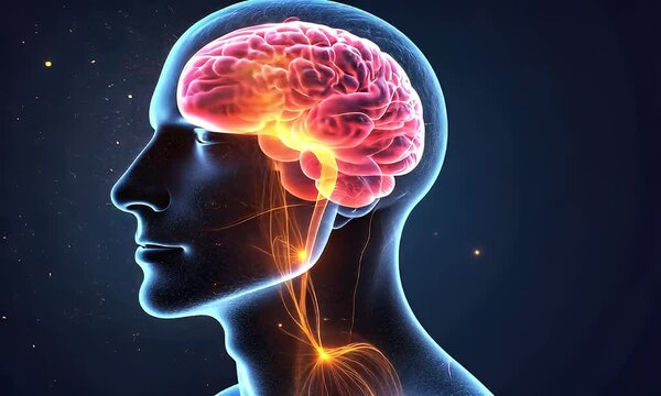 Digital artwork of a human head profile with exposed illuminated brain and neural connections.