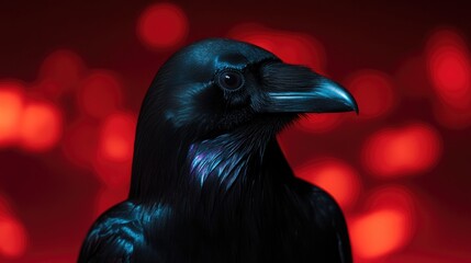 Majestic raven with glossy feathers against backdrop of vibrant