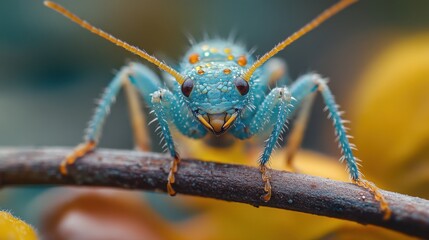 Fototapeta premium Vibrant blue insect on a branch, extreme close-up showcasing intricate details and textures.