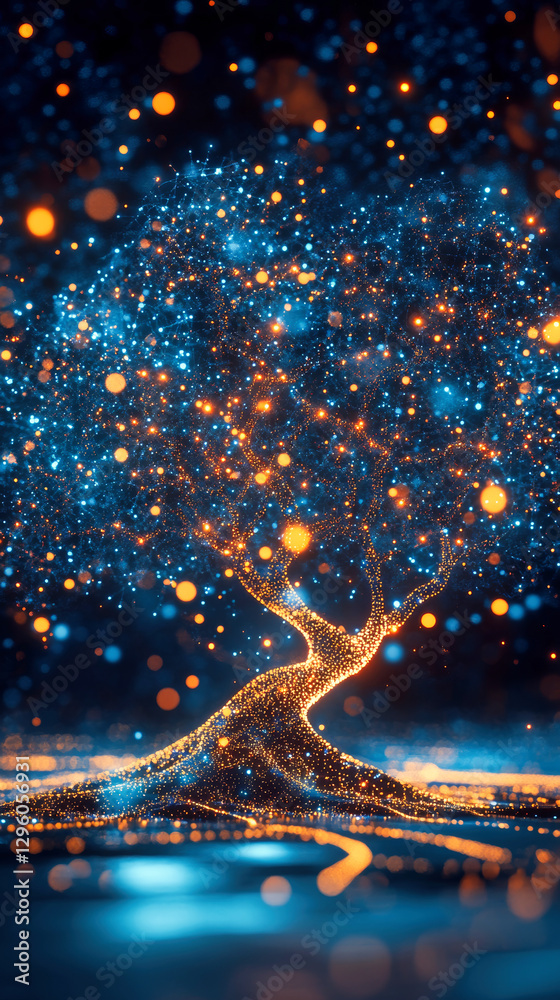 Poster a stylized tree composed of interconnected lines and nodes, resembling a neural network or data visu