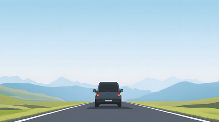 family friendly SUV driving on scenic road surrounded by mountains and greenery, evoking sense of adventure and exploration