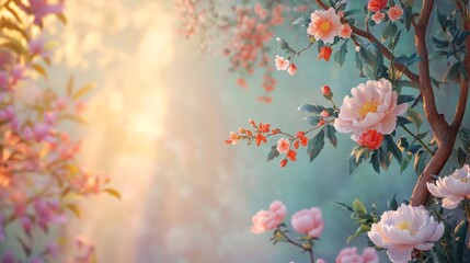 Soft sunlight illuminates delicate pink and peach blossoms.