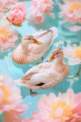 Obraz premium Two ducks peacefully float in a pond surrounded by pastel pink flowers.