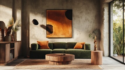 Modern Living Room Design With Green Sofa And Abstract Art