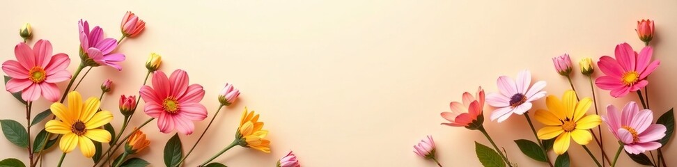 Naklejka premium Vibrant floral arrangement on soft beige backdrop, nature, pastel