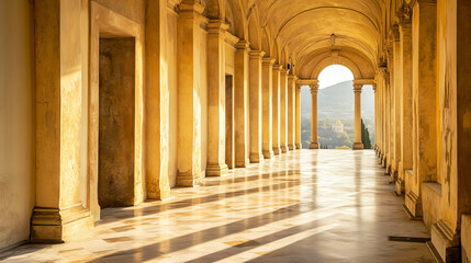 Obraz premium A classical architectural style featuring an arched colonnade with a series of stone columns and arches in an old European castle or monastery