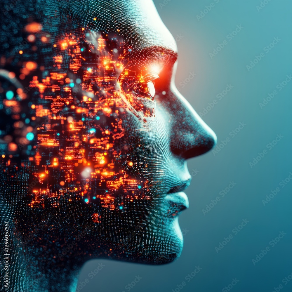 Poster Close-up of a man's face with a futuristic digital interface displaying data and graphics in the background