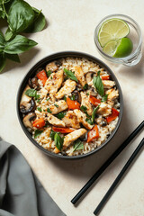 Asian rice with chicken, pepper and mushrooms. Protein balanced food.