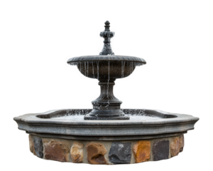 Elegant stone fountain with water cascading from top tier, surrounded by circular stone base. This decorative piece adds charm to any outdoor space