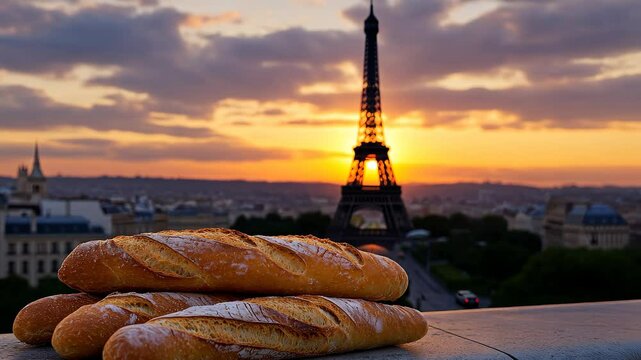 Fresh baguettes overlooking the Eiffel Tower at sunset in Paris, Fresh baguettes on ledge with famous tower in background at sunset