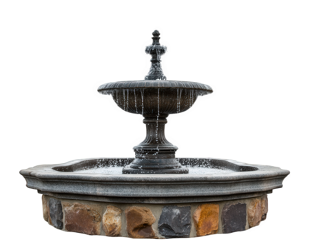 Elegant stone fountain with water cascading from top tier, surrounded by circular stone base. This decorative piece adds charm to any outdoor space