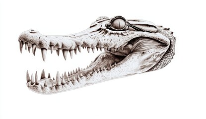 Obraz premium Detailed Illustration of a Realistic Crocodile Skull with Sharp Teeth and Textured Surface on a White Background for Educational Purposes