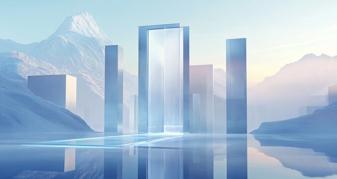 A massive glass cylinder standing before majestic mountains, accompanied by a ground platform, blending modern architecture with nature. The scene symbolizes innovation, harmony, and futuristic design