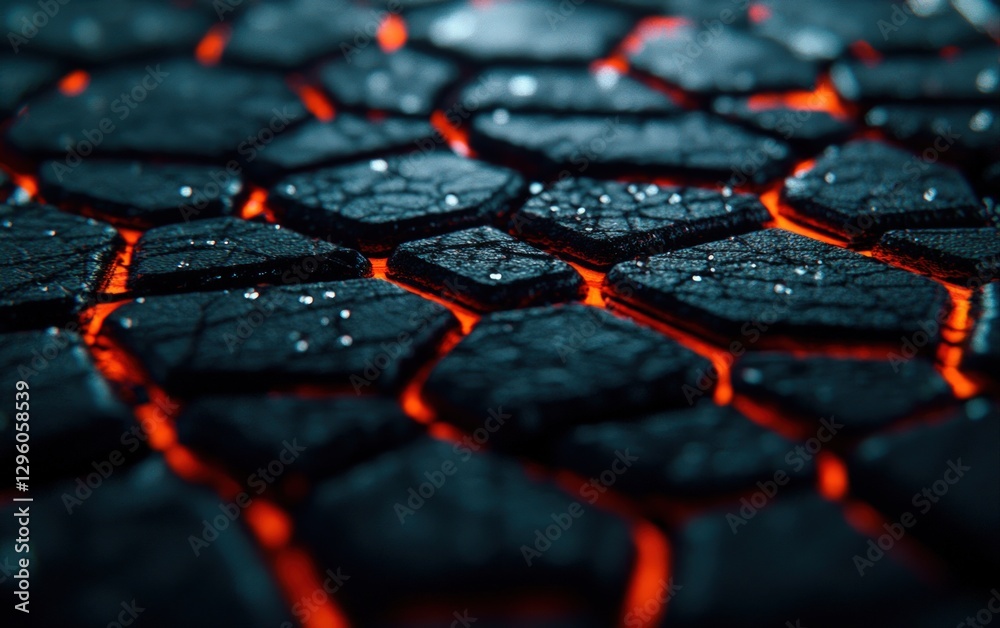 Poster Glowing Dark Hexagonal Stones Abstract Background Texture Hot Lava Rock Pattern Design
