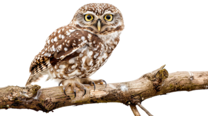Little owl perched on branch with transparent background