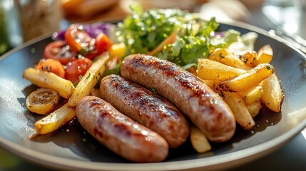 Delicious dish of grilled sausages with french fries, tomatoes and lettuce on a plate
