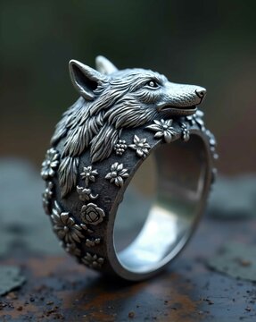 Create a hyper-detailed silver ring featuring a beautifully crafted wolf head in bas relief. The design should showcase intricate, lifelike details of the wolf's fur, with a sharp, focused finish that