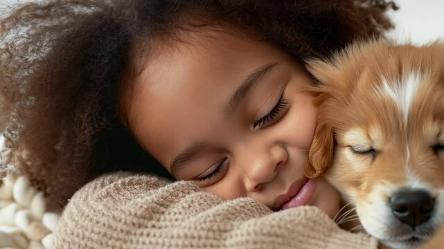 A little girl tenderly hugs her puppy and lies on the bed in a bright bedroom in the morning. Friendship concept between child and pet, copy space for text
