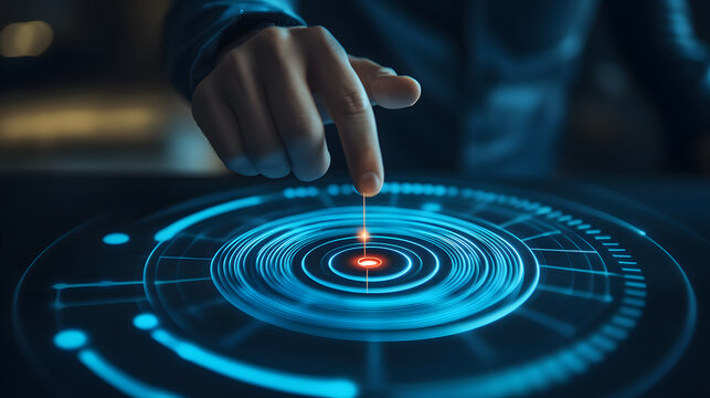 Fingertip activating futuristic interface; glowing blue circular display; innovative technology concept.