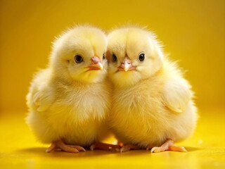 Adorable Baby Chicks Hugging, Cute Yellow Background Stock Photo