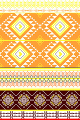 Ethnic geometric fabric pattern in bright orange, yellow tones on orange, burgundy, white background. Traditional Native American tribal art. Seamless geometric pattern, tiles, rugs, illustrations.
