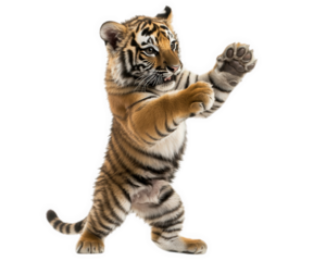 tiger performing playful dance move mid air, showcasing its energetic spirit and agility. This lively scene captures essence of wildlife in motion