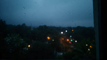 Obraz premium Contemplative View Through Rain-streaked Window of Blurred Night City Lights