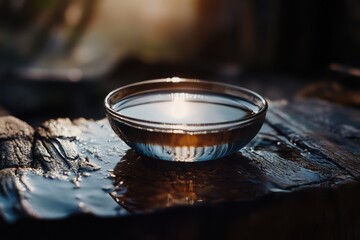 A bowl of water reflecting the light that comes from the darkness. 